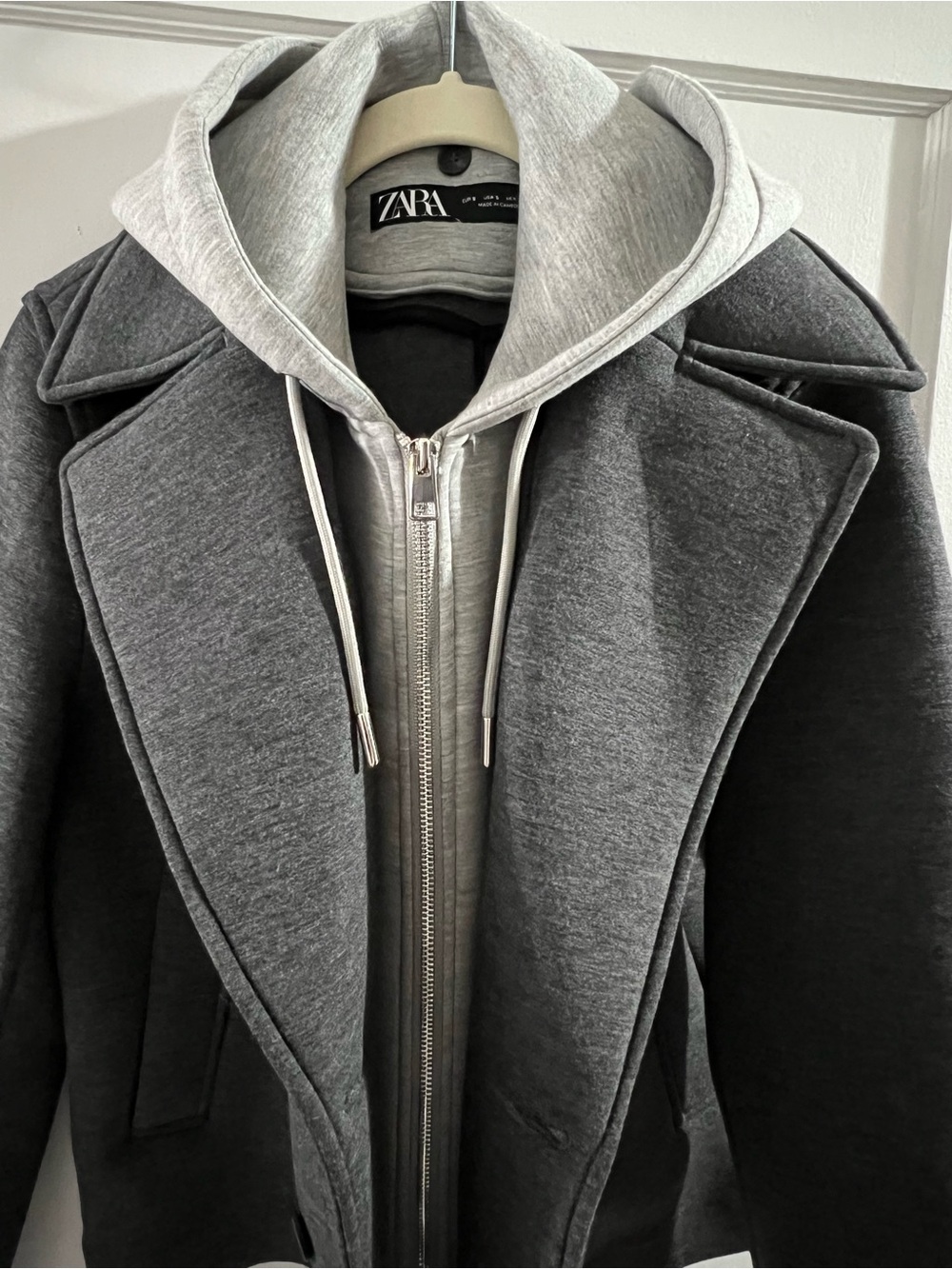 Zara Dark Gray Layered Hooded Coat with Light Gray removable Hoodie